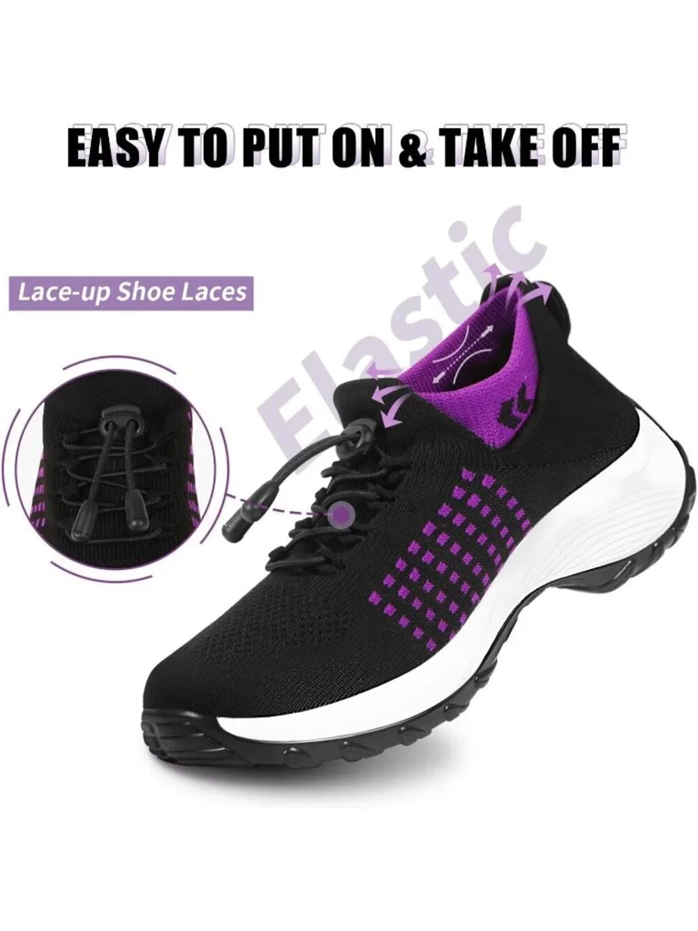 Women's Black Purple Orthopedic Breathable Slip on Thick Bottom Sneaker Shoes